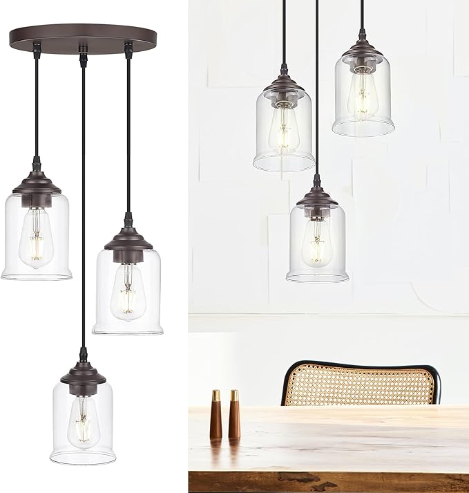 zeyu 3-Light Cluster Pendant Light, Farmhouse Hanging Lights for Kitchen, Oil Rubbed Bronze Pendant Light Fixtures Adjustable with Clear Glass Shade, ZSL104-3 ORB