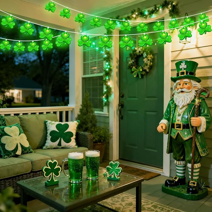 PASUTO 8.5FT Clear Green Shamrock Lights, St Patricks String Lights Outdoor Waterproof with 10 LED Light for rish Shamrock St Patrick's Day Party Indoor Home Garden Decorations