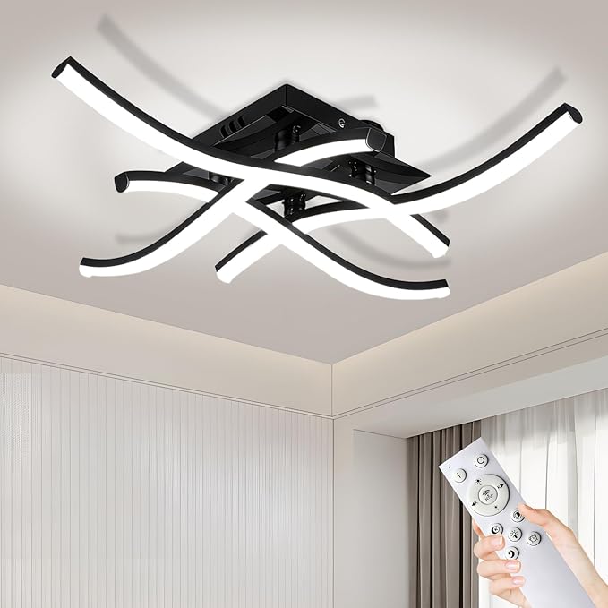 24W Modern LED Ceiling Light Fixture, 19.7Inch Curved Wave Ceiling Lamp with Remote & Timing Function for Bedroom, Kitchen, Hallway, Foyer Library Dining Room Black 6000K