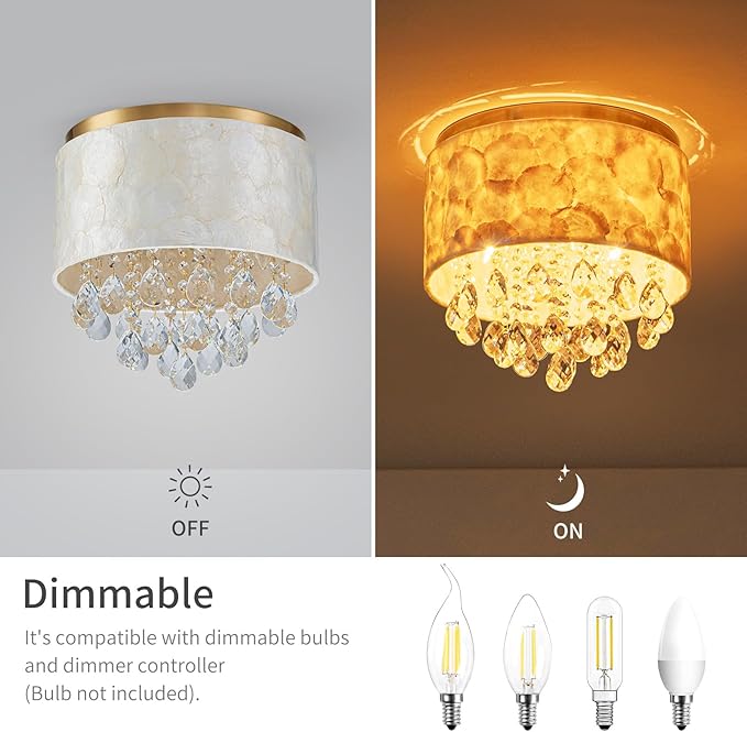 3-Light Capiz Shell Drum Crystal Ceiling Light, D12xH11 Inch, Coastal Design Close to Ceiling Flushmount Light Fixture for Dining Room, Bedroom, Kitchen, Shell Lampshade & Gold Finish Frame