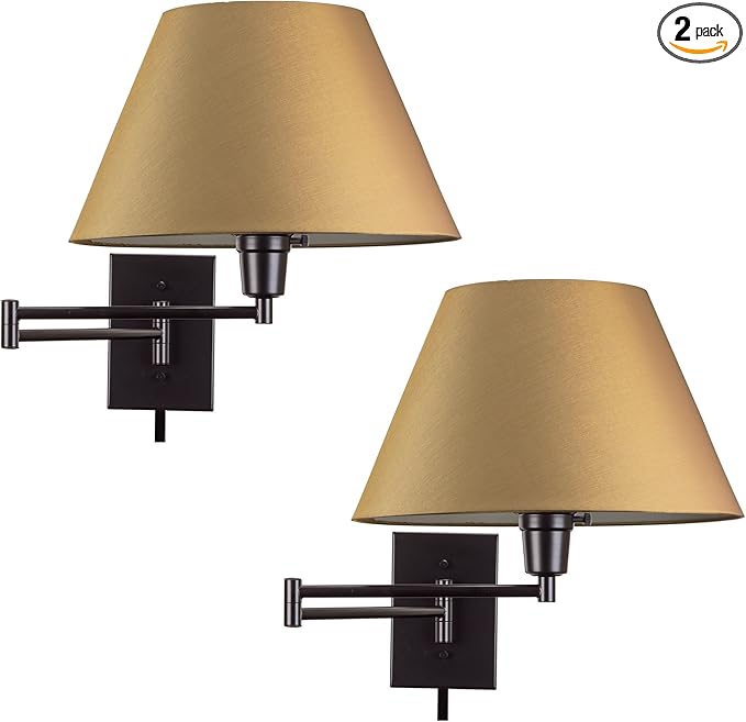 Kira Home Cambridge 15" Modern Swing Arm Wall Sconce with Golden Bronze Empire Fabric Shade, 2-in-1 Plug in or Hardwired Wall Lamp with 3-Way Switch, Black Finish