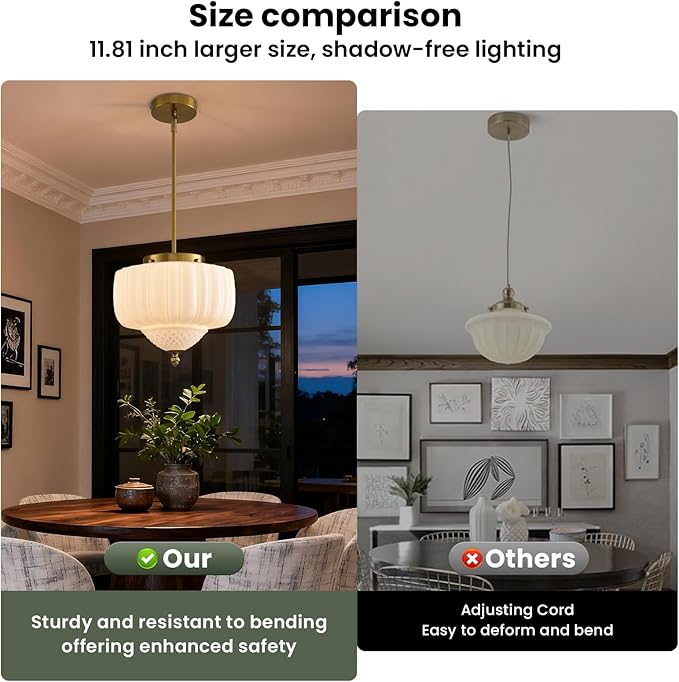 Glass Pendant Light, 13.78 inch Pendant Light Fixture with Milky White Floral Lightshade, Height Adjustable Brushed Gold Vintage Hanging Lamp for Dining Room Kitchen Island Bedroom Livingroom Entryway