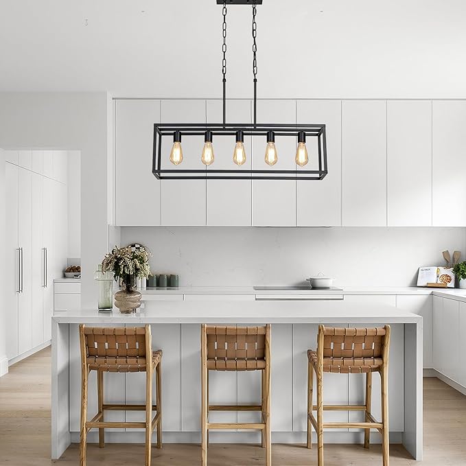 Black Dining Room Light Fixture,5 Light Rectangle Chandelier for Dining Room,Modern Farmhouse Light Fixture for Kitchen Island,Linear Light for Bedroom,Hallway,Foyer,Adjustable Height