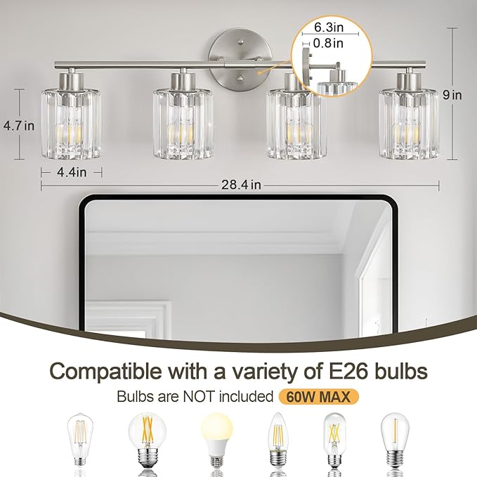 Crystal Bathroom Light Fixtures, Bathroom Lighting Fixtures Over Mirror, Modern 4-Light Brushed Nickel Vanity Lights for Mirror, Restroom, Kitchen(Ceramic E26 Socket,Bulbs Not Include)