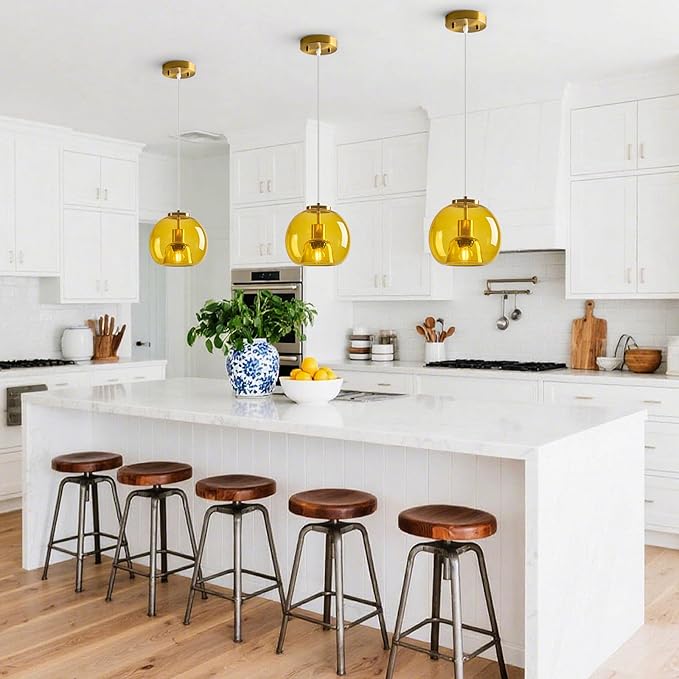 Yellow Glass Pendant Lights Kitchen Island Gold Hanging Light Fixture Glass Globe Pendant Light Modern Pendant Lighting for Kitchen Island Bedroom Dining Room (7.87", 2 Pack)