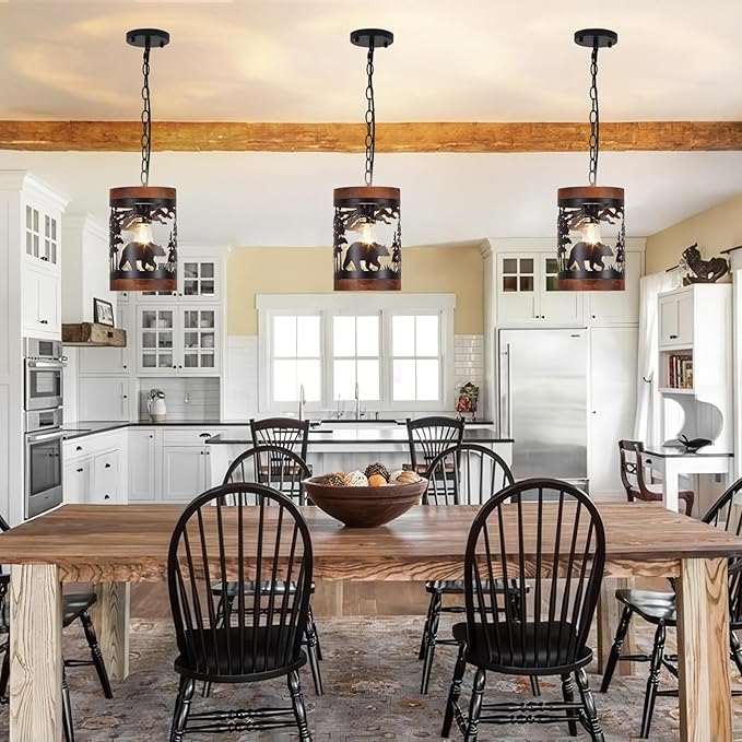 Rustic Bear Pendant Light, 1-Light Farmhouse Wood and Metal Cage Chandelier, Adjustable Hanging Ceiling Fixture for Kitchen Island, Hallway, Bar, Dining Room, Foyer, or Bedroom, (No Bulb Included)