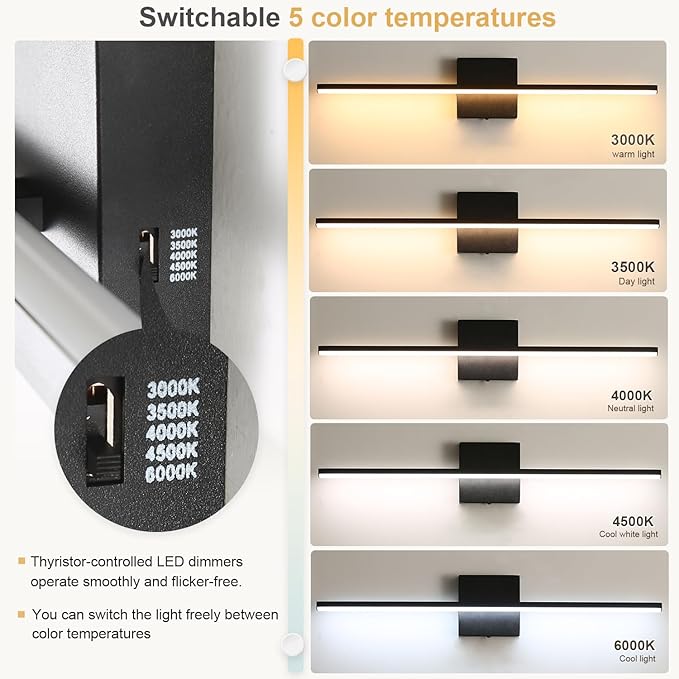 Modern Bathroom Vanity Light 24 Inch, 18W Black Bathroom Light Fixture Over Mirror, Dimmable 5CCT LED Wall Sconce Lighting for Restroom Mirro