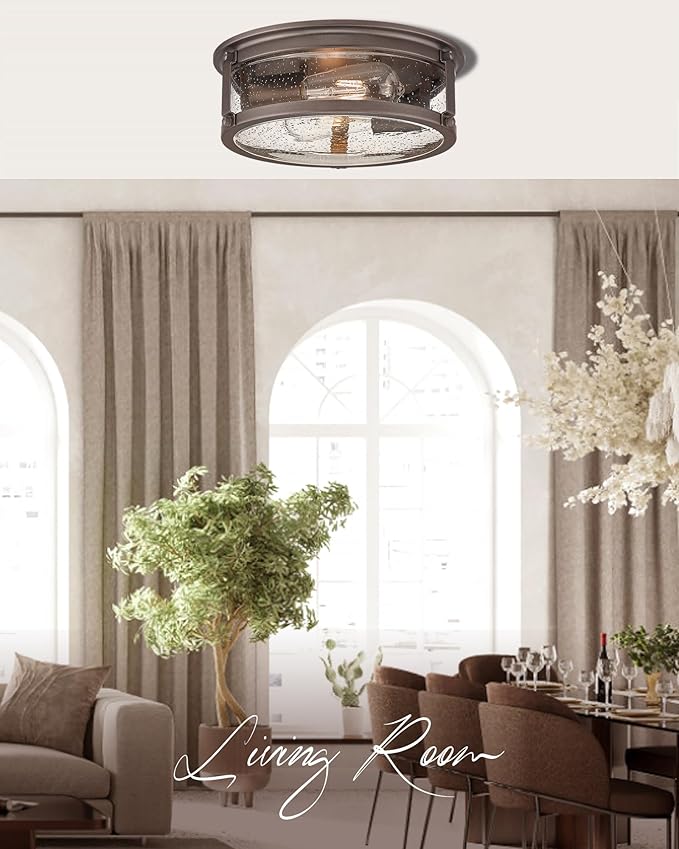 Flush Mount Ceiling Light, 2-Light Oil Rubbed Bronze Ceiling Light Fixture, Flush Mount Light with Seeded Glass Shade for Kitchen, Hallway, Bedroom (12 Inch)
