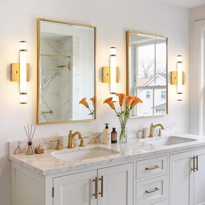 Gold Bathroom Vanity Light - 15.4 Inch LED Modern Bathroom Light Fixtures Over Mirror with Acrylic Shade 10W Dimmable 5CCT Bathroom Sconces Wall Lighting (Built-in Dimmer)