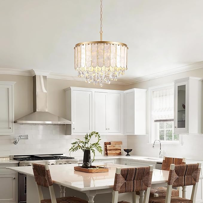 Gold Modern Capiz Shell Ceiling Light Fixture, 5-Light Drum Coastal Pendant Light with Crystals for Kitchen Island, Dining Room, Bedroom, Living Room, Bathroom, Foyer | 2-Tiered Flush Mount Chandelier