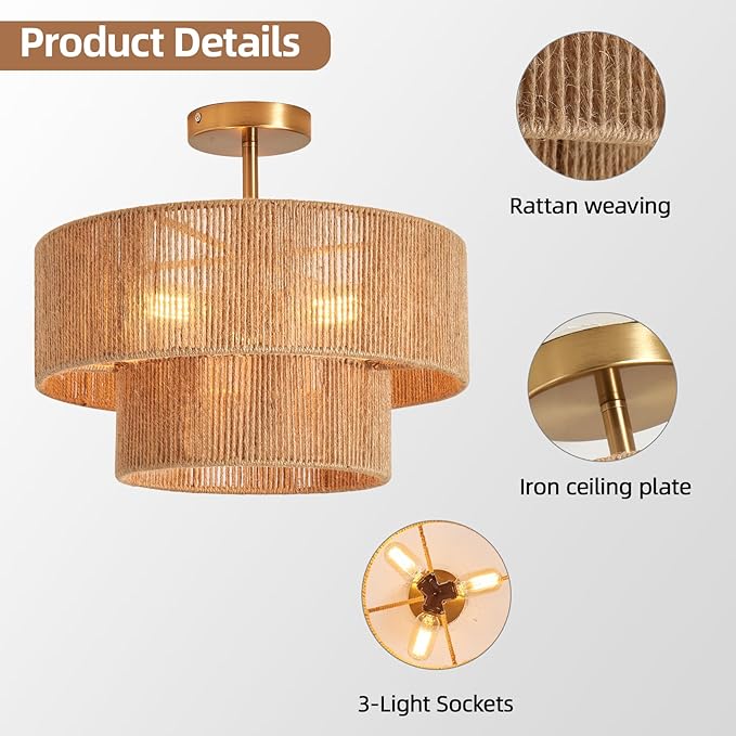 Boho Semi Flush Mount Ceiling Light Gold Rattan Ceiling Light 15.4" Farmhouse Ceiling Lamp with Natural Hemp Rope Lampshade for Dining Room Living Room Bedroom Kitchen