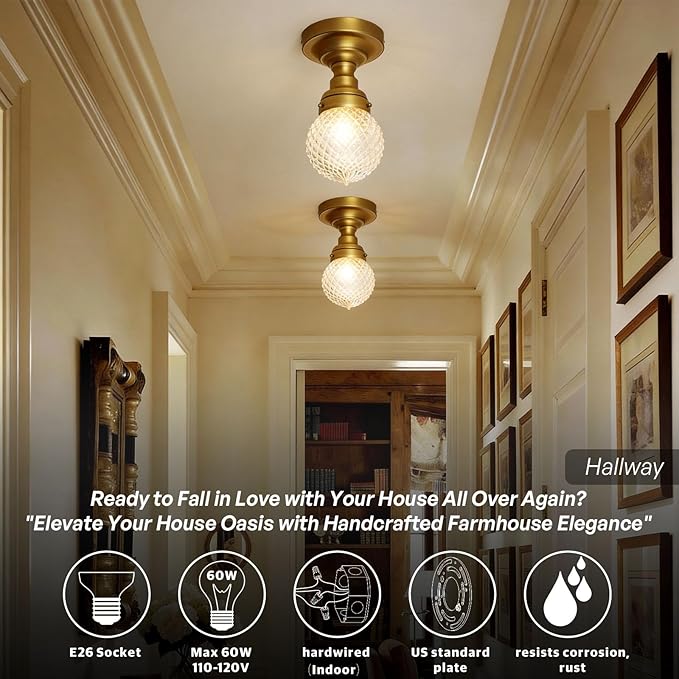 Schoolhouse Semi Flush Mount Ceiling Light, Brass Gold Close to Ceiling Light Fixtures with Hand-Blown Glass Shade Modern Hallway Ceiling Lamp for Laundry Entryway Kitchen Bathroom E26