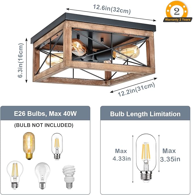 eyassi Wooden Flush Mount Ceiling Lights, 4-Light Farmhouse Close to Ceiling Lighting Fixtures Black Ceiling Lamp for Kitchen Island Living Room Bedroom Hallway Laundry Entryway
