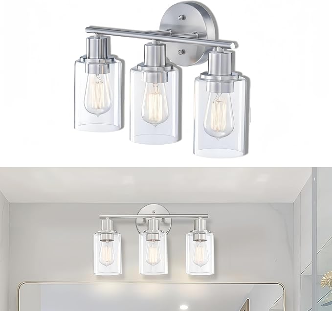 WISBEAM Brushed Nickel Bathroom Vanity Light, 3 Light Bathroom Light Fixtures Over Mirro with Clear Glass Shade Including E26 Medium Base, Bulb NOT Included