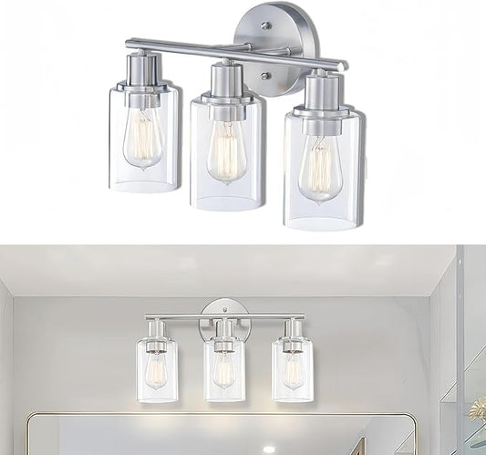 WISBEAM Brushed Nickel Bathroom Vanity Light, 3 Light Bathroom Light Fixtures Over Mirro with Clear Glass Shade Including E26 Medium Base, Bulb NOT Included