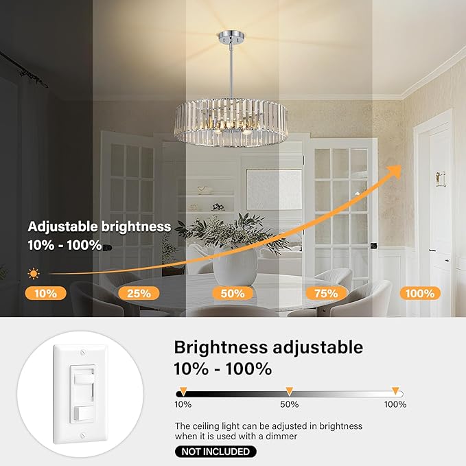 Chrome Crystal Ceiling Light Fixture, Modern Semi Flush Chandelier, Round Hanging Lighting Chandeliers for Dining Room, Kitchen, Bedroom, 6-Light, 19.68 Inch