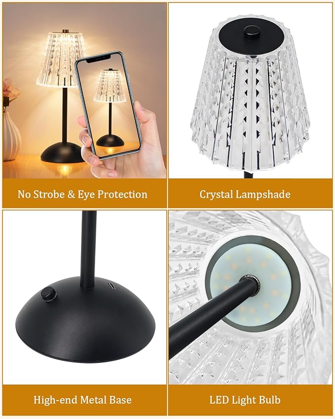 Nusogon Rechargeable Cordless Table Lamp, Touch Control Crystal Desk Lamp with 3500mAh Battery, 3 Color Dimmable LED Small Lamp for Bedroom Bedside Restaurant Kitchen Home Decor, Black