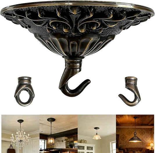 5.51" All Copper Ceiling Cover Plate, Heavy Duty Retro Black & Gold Solid Brass Carved Chandelier Ceiling Canopy Base, Light Canopy Kit, Chandelier Parts with Dual Ceiling Hooks for Light(Open/Closed)
