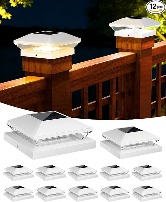 T-SUN Solar Post Cap Lights Outdoor 12 Pack, 2 Modes LED Fence Post Solar Lights Fit for 4x4 5x5 6x6 Vinyl/Wooden Posts, Waterproof Deck Post Lights Solar Powered for Garden Patio Gate Porch
