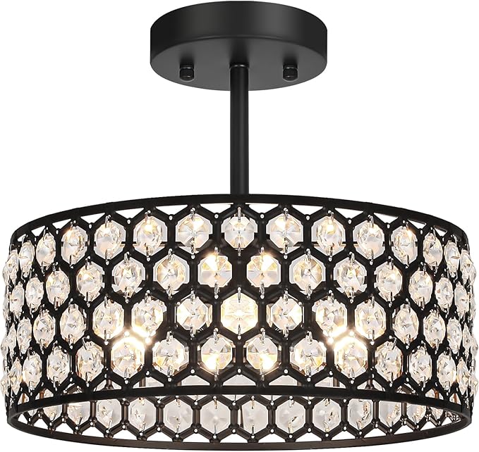 Black Crystal Ceiling Light Fixture - Modern Semi Flush Mount Ceiling Light for Hallway, Kitchen Lighting Fixtures Ceiling, Dazzling Prism Chandelier for Foyer Closet Bedroom, 3 Light, 12 in