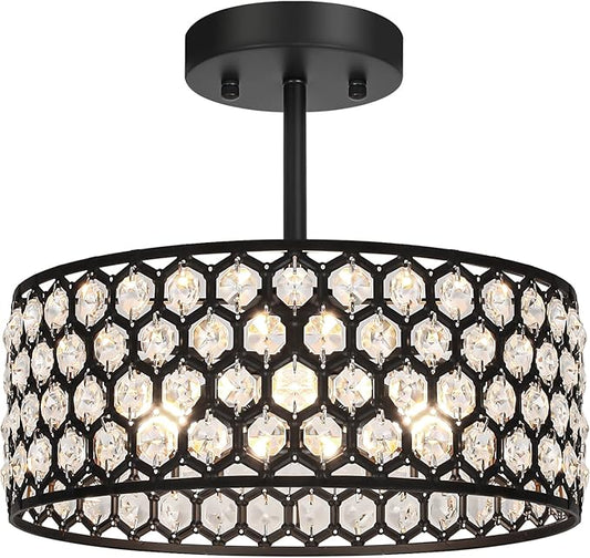 Black Crystal Ceiling Light Fixture - Modern Semi Flush Mount Ceiling Light for Hallway, Kitchen Lighting Fixtures Ceiling, Dazzling Prism Chandelier for Foyer Closet Bedroom, 3 Light, 12 in