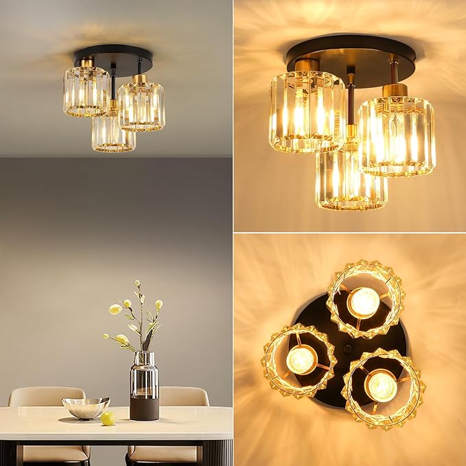 Semi Flush Mount Ceiling Light 3-Light Black Flush Mount Ceiling Light Fixture with K9 Crystal Shades, Industrial Kitchen Ceiling Light for Hallway Entryway Bedroom, E26 Socket