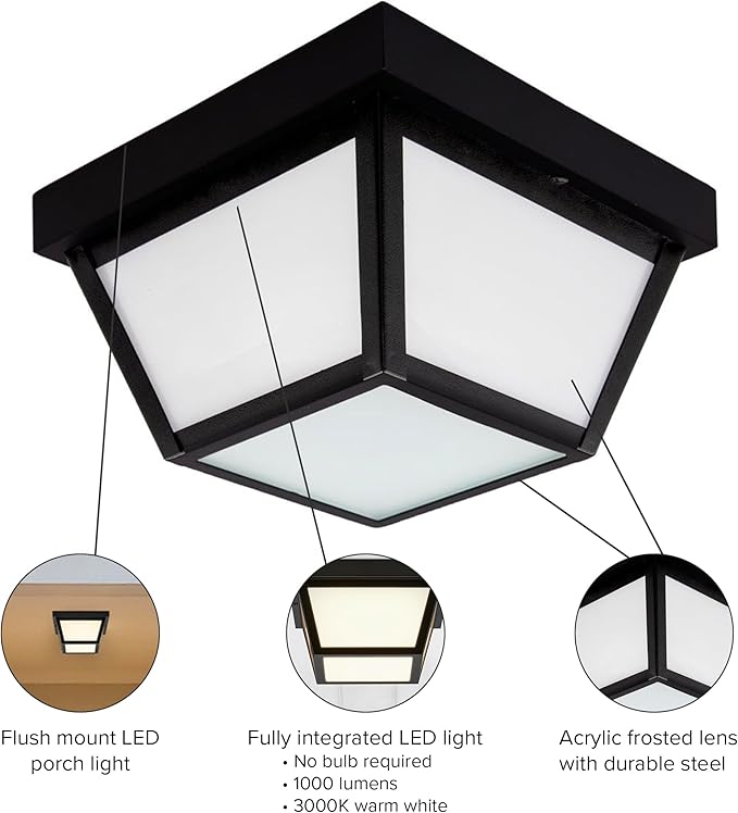 Maxxima 9" Black LED Outdoor Porch Ceiling Light Fixture - Features Frosted Lens, 3000K Warm White, 1,000 Lumens, Wet Rated, Ideal for Entryway, Patio, and Home Exterior Lighting