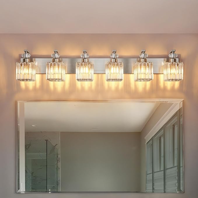 Modern Bathroom Vanity Light, 6-Light Nickel Bathroom Lighting Fixtures Over Mirror, 44.1" Crystal Wall Light Sconce for Bathroom/Bedroom/Vanity, Includes LED Bulbs, Easy Installation