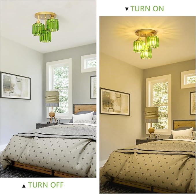 Green Crystal Close to Ceiling Light Fixtures,3-Light Modern Semi Flush Mount Ceiling Light,Kitchen Light Fixture with Crystal Shades,Hallway Lighting Fixture for Entryway Bedroom Bathroom