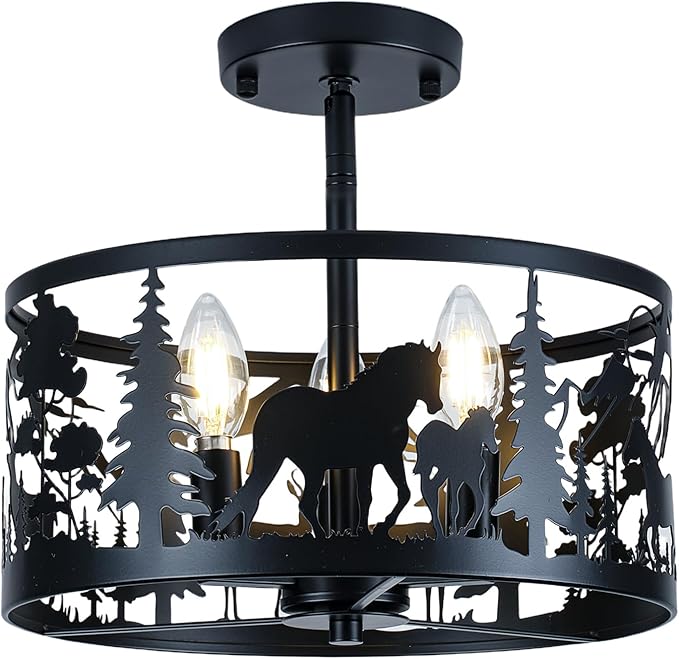 Farmhouse Rustic Ceiling Light Fixtures-Horse & Deer Design, 3-Light Round E26 Base Black Metal Fixture for Kitchen, Living Room,Foyer, Bedroom, Hallway(Bulbs not Included)