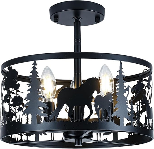 Farmhouse Rustic Ceiling Light Fixtures-Horse & Deer Design, 3-Light Round E26 Base Black Metal Fixture for Kitchen, Living Room,Foyer, Bedroom, Hallway(Bulbs not Included)
