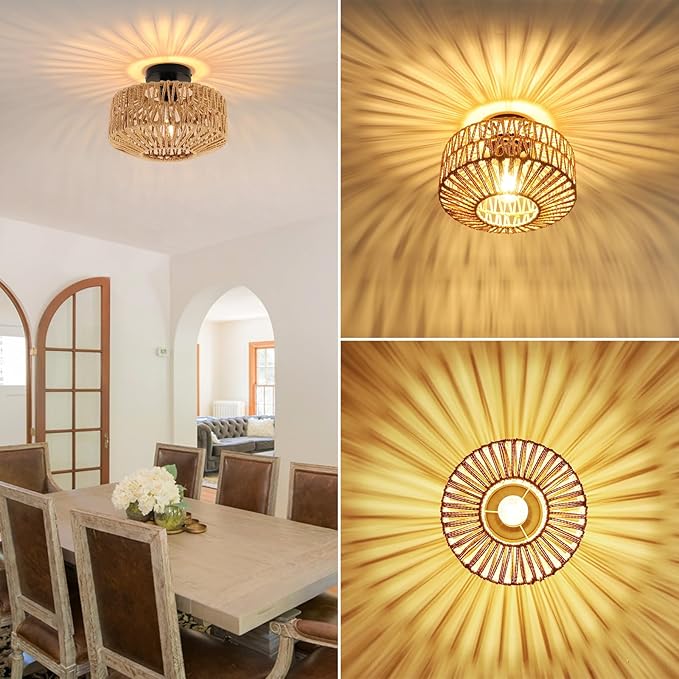 Boho Light Fixtures Ceiling Mount, Mini Boho Rattan Chandelier, Woven Flush Mount Ceiling Light Fixture for Hallway Bedroom Kitchen Entryway Living Room Nursery