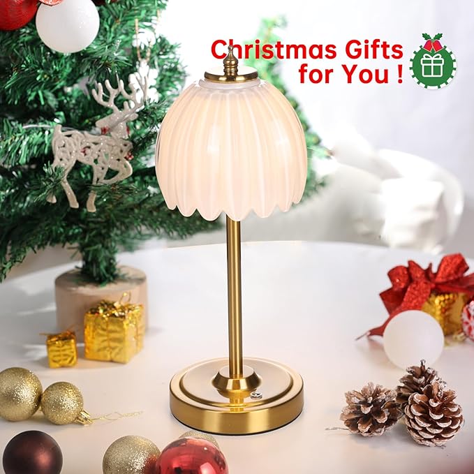 Shenmoyl Set of 2 Tulip Table Lamp with 5000mAh Battery & Touch Control, Cordless Table Lamp with 3 Colors, Dimmable Rechargeable Table Lamps for Bedroom, Living Room, Entryways (White Tulip)