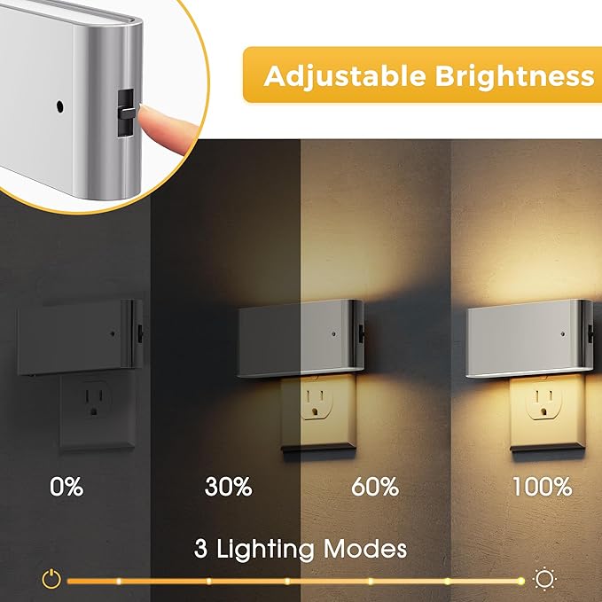 L LOHAS LED Night Light, 2 Pack Dimmable Modern LED Night Lights Plug into Wall,Dusk to Dawn Sensor Night Lights for Kid, 0-100LM 3000K Soft White Nightlight for Hallway Bedroom Stairway(Silver)