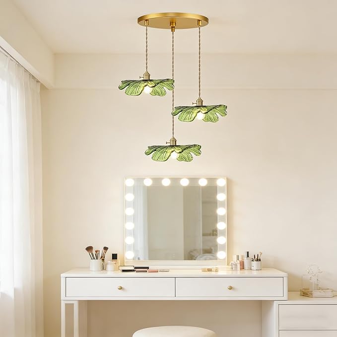Green Glass Pendant Light 3-Light Cluster Chandelier Adjustable Gold Brass Pendant Hanging Light Farmhouse Pendant Lights for Kitchen Island Dining Room Bedroom