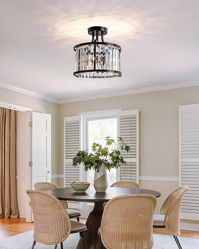 KSRYSZCQ Black Crystal Ceiling Light 3-Light Flush Mount Ceiling Light Fixture 12.59" E12 Bulb Round Hallway Lighting Fixtures for Kitchen Entryway Bedroom Bathroom