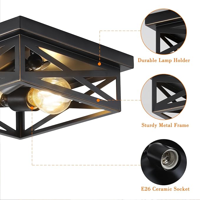 Farmhouse Flush Mount Ceiling Light for Kitchen,2-Light Modern Rustic Metal Finish Industrial Kitchen Ceiling Light Fixture for Bedroom, Hallway Entryway(Black & Gold Border)