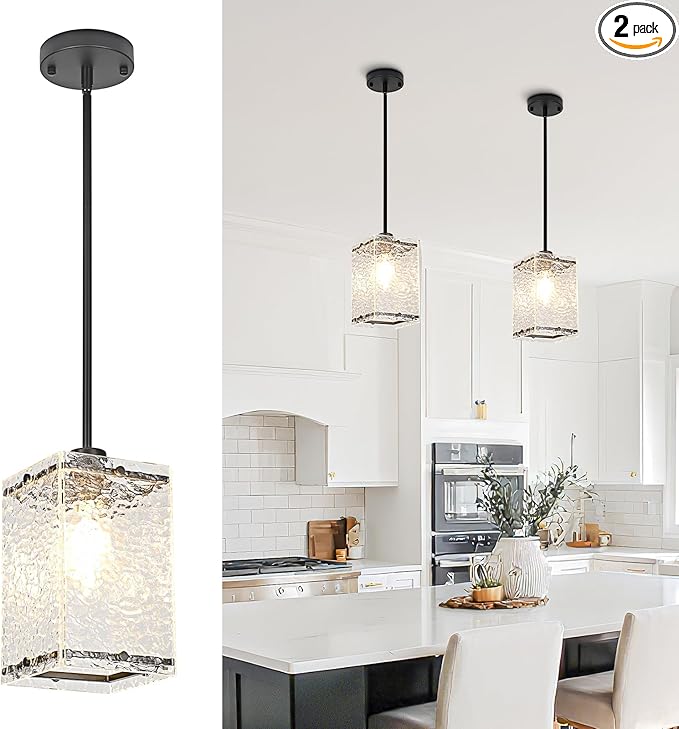 Water Ripple Glass Pendant Lights Black Pendant Lights Kitchen Island Adjustable Modern Hanging Pendant Light Fixtures for Sink Kitchen Dining Room Foyer Entryway, 2 Pack