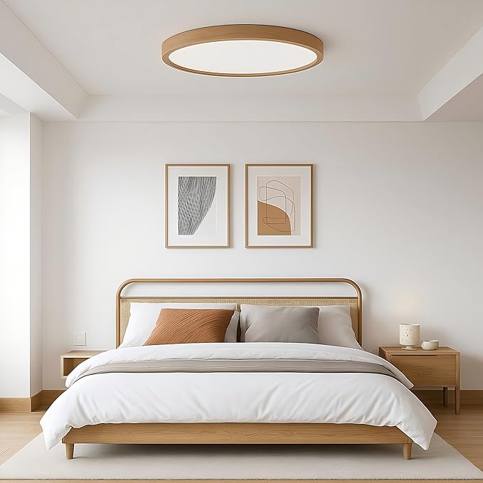 Ultra-Thin LED Ceiling Light Fixture 16.53", Handcrafted Walnut Wood Modern Wabi-Sabi Style, Slim 2.5cm Profile, 37W LED 3000K-4000K-6000K, Round Minimalist Lamp for Bedroom Kitchen Hallway