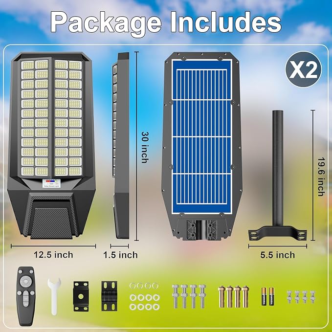 Ultra Bright Solar Street Lights Outdoor: 12000W Solar Lights Outdoor with 300,000LM, IP67 Waterproof Dusk to Dawn with Remote Commercial & Industrial Floodlight for Parking Lots, Warehouses, Yard