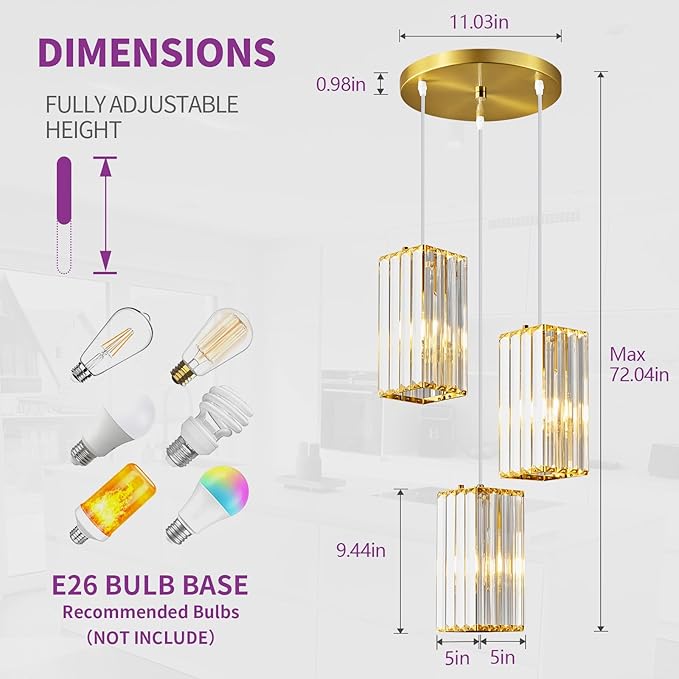 Modern Pendant Light Black Rectangle Pendant Lighting Mini Crystal Chandeliers Adjustable Pendant Light Fixture for Kitchen Island Dinning Room Living Room Corridor Bedroom(Black 3-Light)