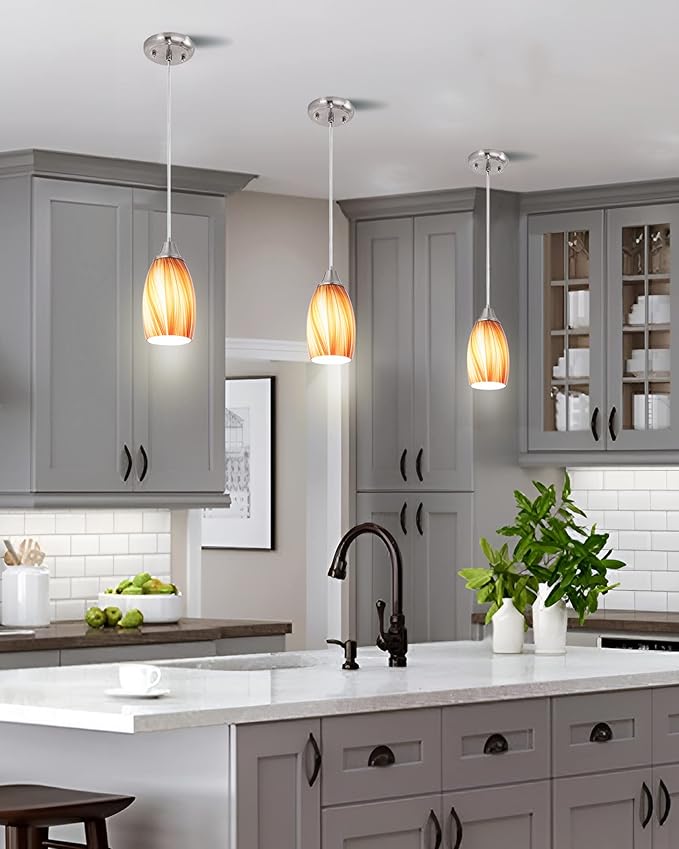 karyfine Art Glass Mini Pendant Lights for Kithen Island Blown Glass Pendant Lighting Shade with Brushed Nickel Finish 3Pack Hanging Pendant Light Kitchen Counter,Dining/Living Room Red Orange