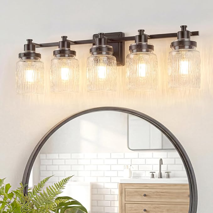 5 Lights Bathroom Light Fixtures Farmhouse Black Vanity Lights for Bathroom Lighting Fixtures Over Mirror with Hammered Glass Lampshade for Cabinet Mirror Bedroom Hallway