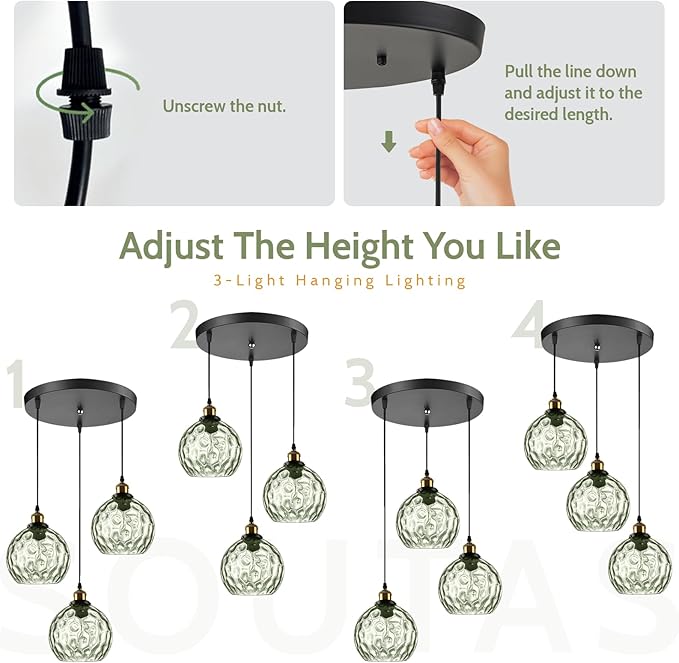 3-Light Pendant Lighting Green Hammered Glass Kitchen Light Fixtures Ceiling Hanging Kitchen Lights Over Island Mid Century Modern Globe Cluster Chandelier Black and Gold for Dining Room