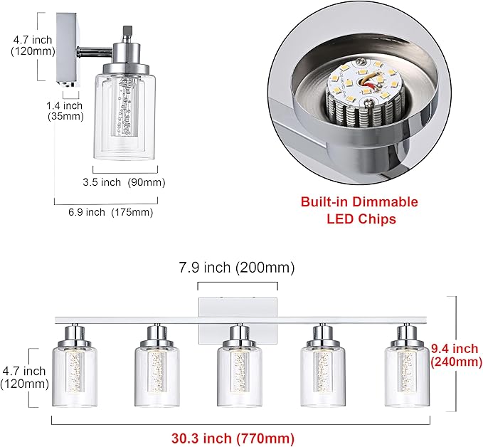 MELUCEE 5 Color Dimmable Bathroom Vanity Light Fixtures 5-Light Bath Wall Lights Modern LED Vanity Lights for Bathroom Chrome with Crystal Bubble Clear Glass Shade, Built-in LED Chips