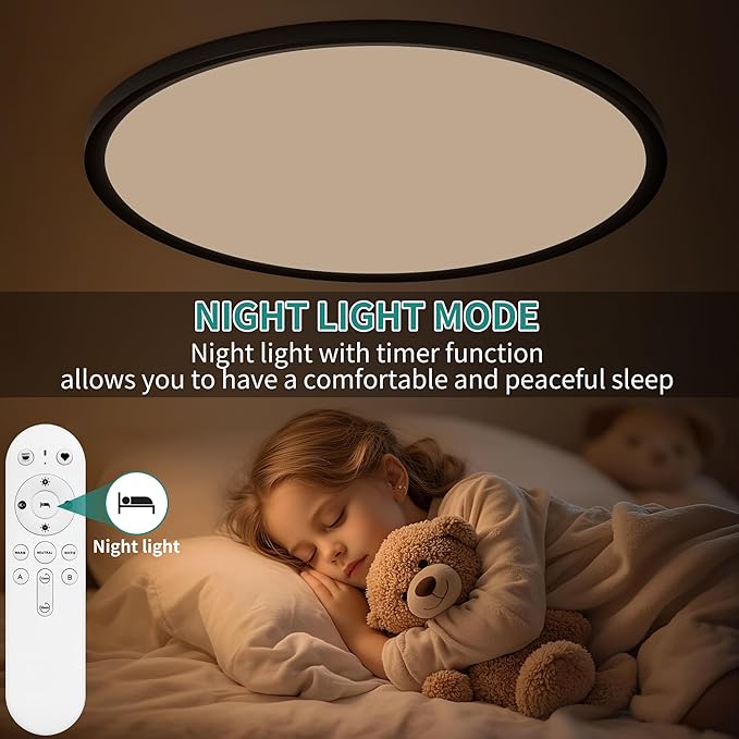 20 Inch LED Flush Mount Ceiling Light,48W Ultra-Thin Modern Round Light Fixture with Remote,Dimmable 3000K-6000K,Black,4800LM,Memory & Night Light Mode for Bedroom, Kitchen,Living Room