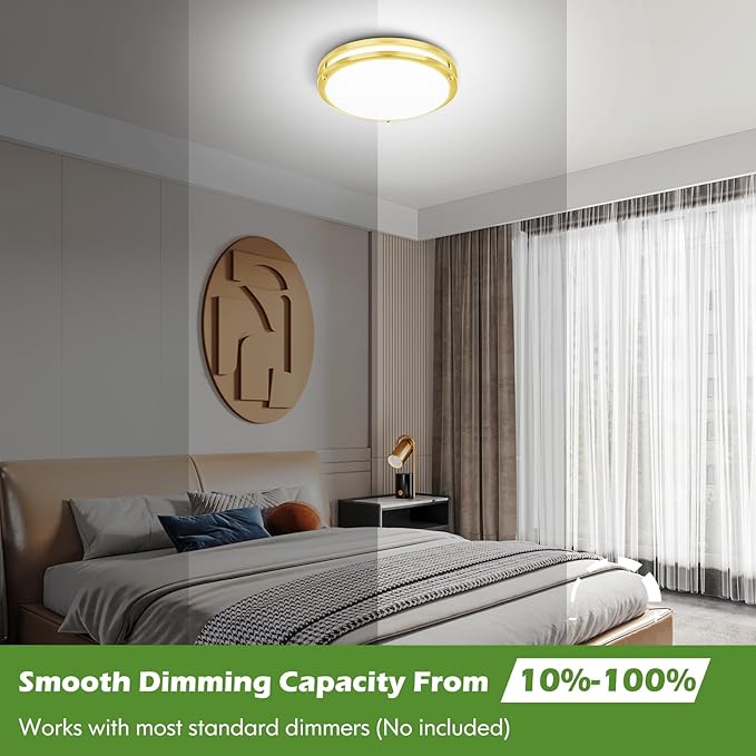 GoBright 2-Pack Gold Flush Mount LED Ceiling Light Fixture, 12IN 2700K/3000K/3500K/4000K/5000K Adjustable Ceiling Lights, 3600lm Super Bright Dimmable Lighting for Bedroom Hallway Kitchen