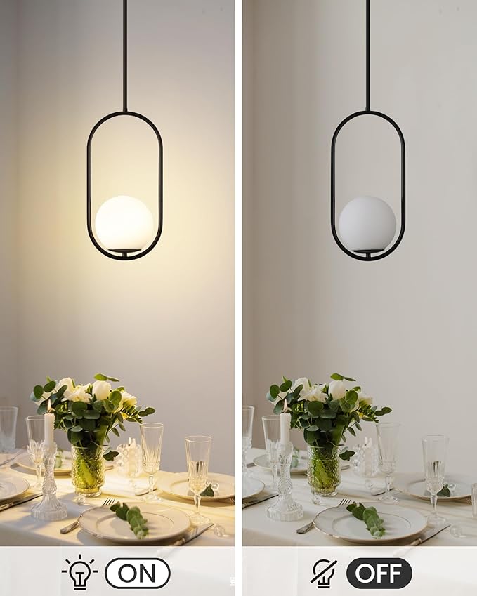 Yunnix Pendant Lights Kitchen Island, Pendant Light Fixtures, Modern Black Globe Glass Pendant Lighting, Mid Century Chandelier One Light for Bathroom Bedroom Dining Room(Bulb Not Included)