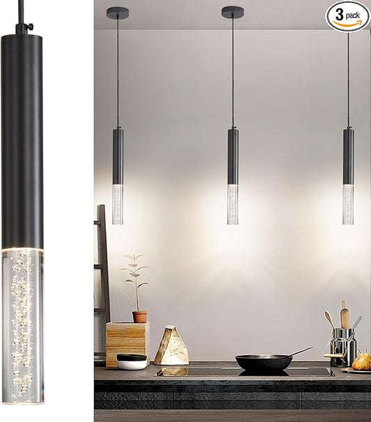 3 Pack Pendant Lights Kitchen Island, LED Bubble Acrylic Island Lighting Fixtures, 3 Color 3000K/4500K/6500K, Modern Cylinder Ceiling Hanging Light for Bedroom, Bar, Dining Room, Bathroom