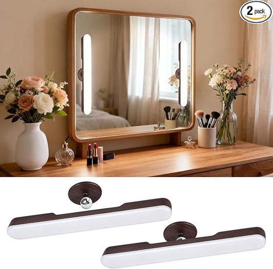 2 Pcs Vanity Makeup Lights for Bathroom, Wireless Wood Grain Rechargeable LED Stick on Light Bar for Mirror, Tunable 3 Color Temperature 4000 mAH Battery Life Lighting for Vanity(Deep Brown)
